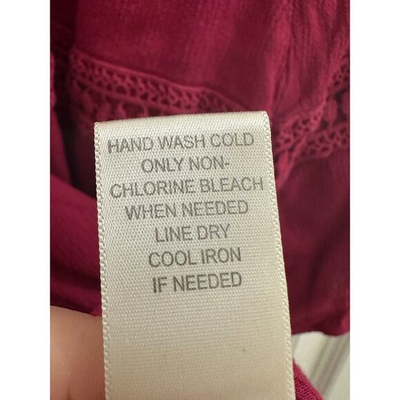 John Paul Richard Tiered Flowy Peasant Top Burgundy Wine Color Crochet Trim L - Picture 7 of 7